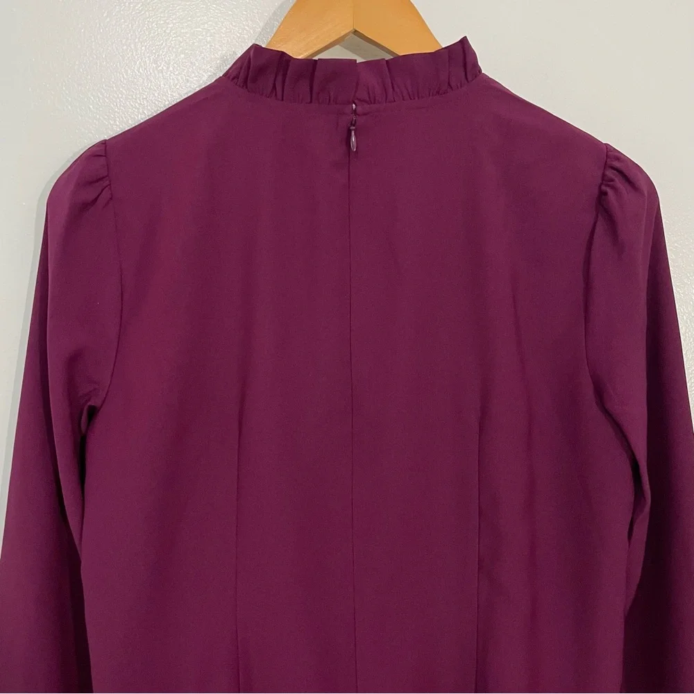 J. Crew Long Sleeve Burgundy Purple Ruffle Neck Shift Dress 4